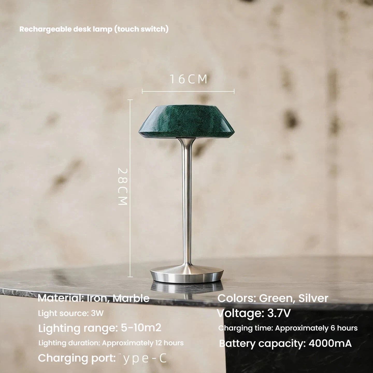 Luxury Glass Marble Rechargeable Table Lamp Touch Control