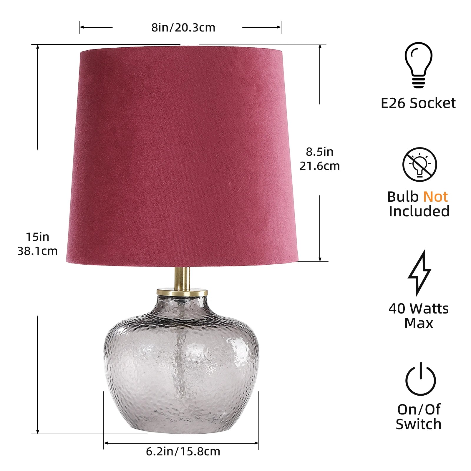Modern Minimalist 15-Inch Glass Table Lamp Smoky Gray Velvet Red Shade
