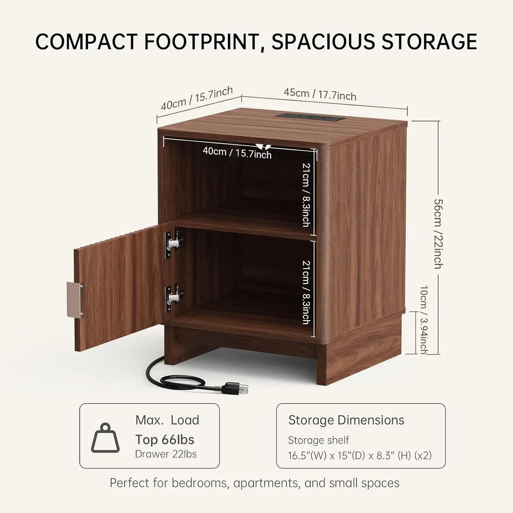 45cm Modern Fluted Bedside Table Wooden Nightstand with Charging Station