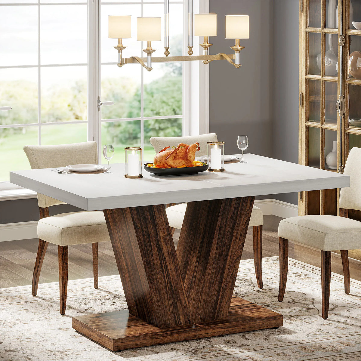 120cm Modern Dining Table for 4-6 People Wood Kitchen Table Pedestal Base