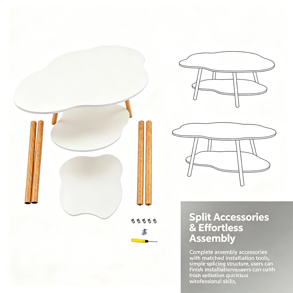 2-Tier Modern Cloud-Shaped Coffee Table with Bottom Shelf White