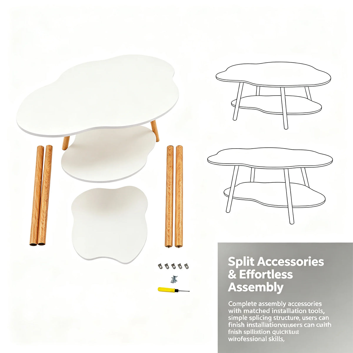 2-Tier Modern Cloud-Shaped Coffee Table with Bottom Shelf White