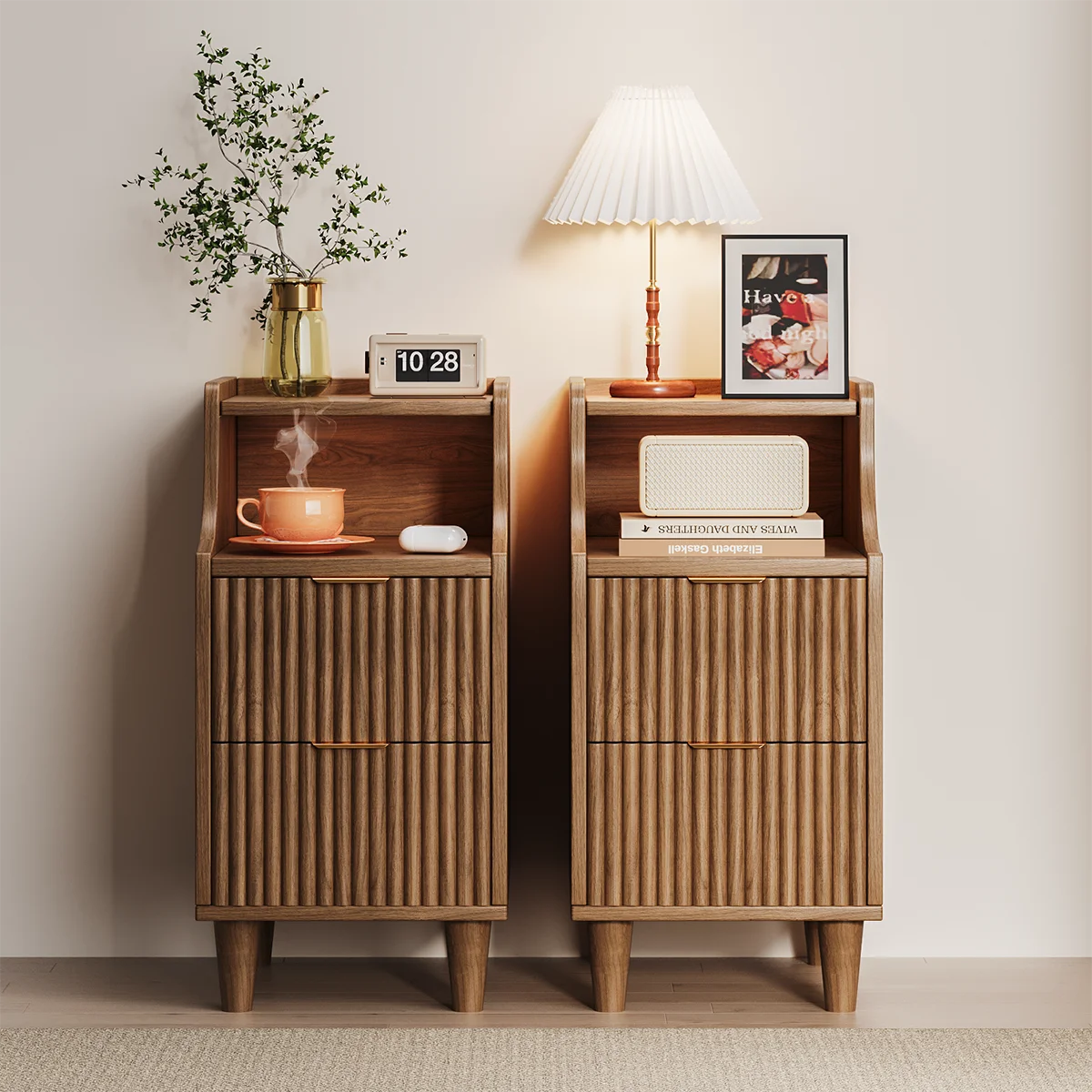 Set of 2 Narrow Nightstand with 2 Drawers and Open Shelf Bedside Table