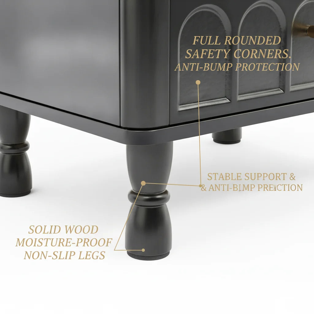 Retro Black 2-Drawer Wooden Nightstand with Metal Handles