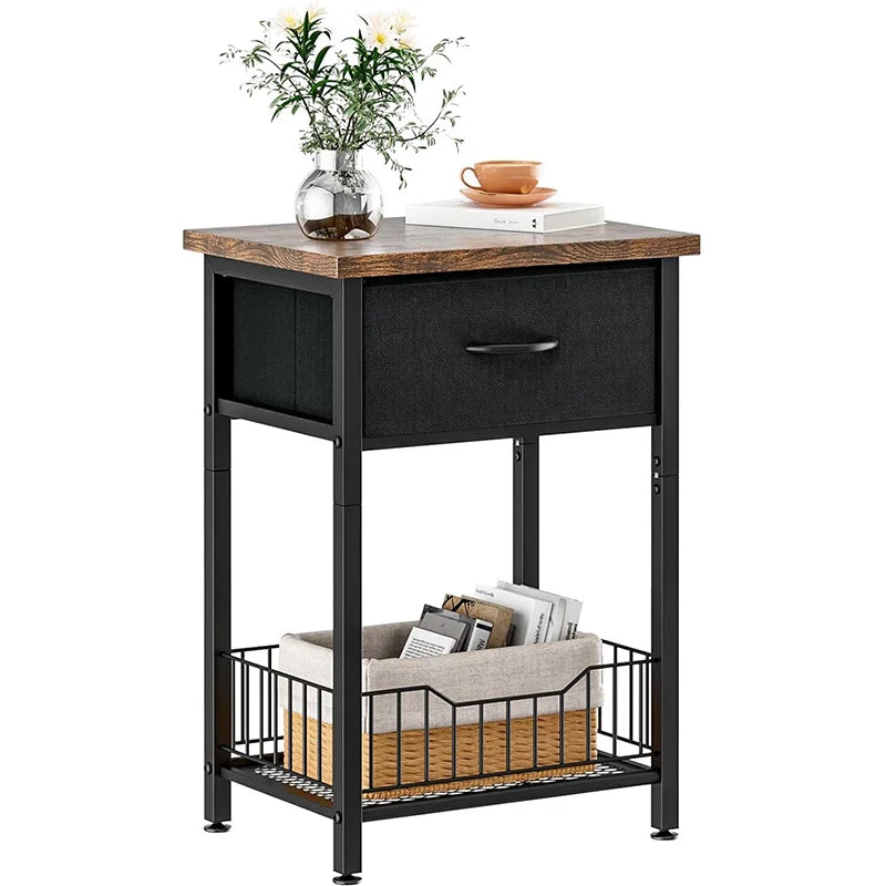 Modern Wooden Nightstand End Table with Open Shelf and Fabric Drawer