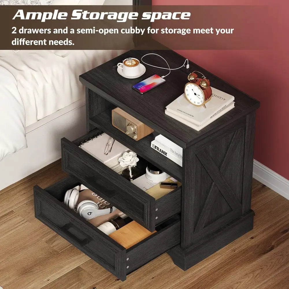 60cm Modern 2-Drawer Nightstand Wooden Bedside Table with Charging Station Gray