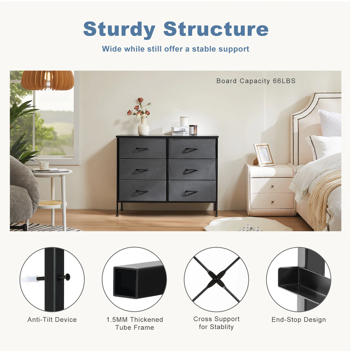 6-Drawer Fabric Nightstand Bedside Table with Metal Frame and Wooden Top