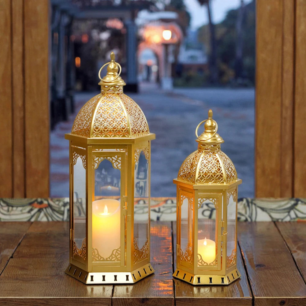 Vintage Gold Metal Candle Lantern Tabletop Ornament for Home Decor