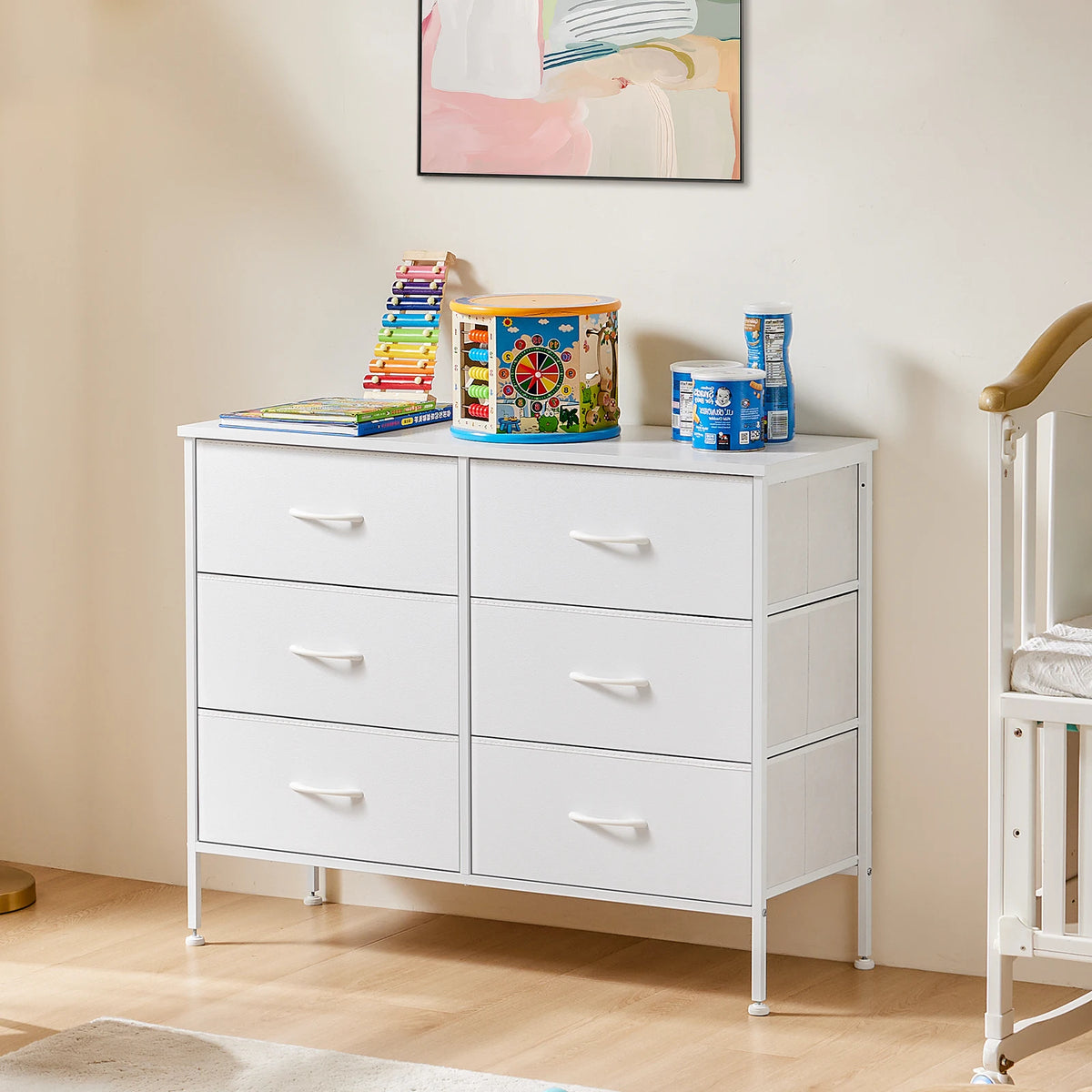 6-Drawer Fabric Nightstand Bedside Table with Metal Frame and Wooden Top