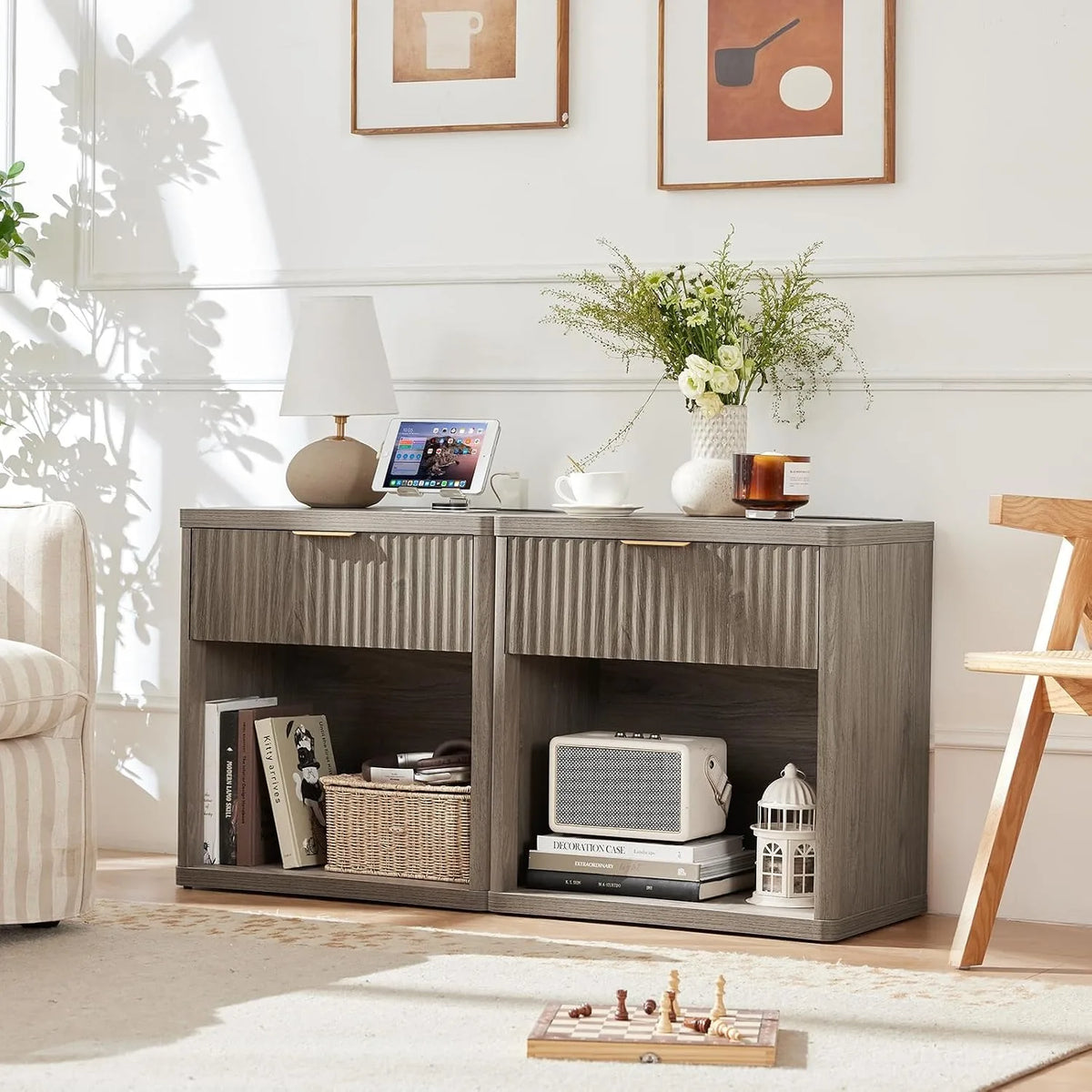 58cm Fluted Farmhouse Nightstand with Drawer Charging Station End Table