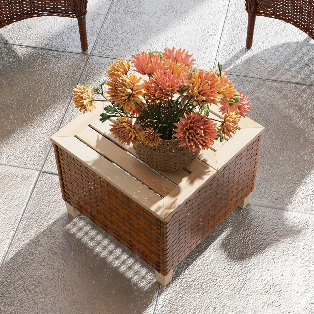 Outdoor PE Rattan Side Table with Wood Top Brown