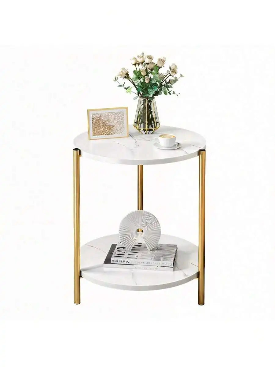 56cm Modern White 2-Tier Round Side Table with Wooden Frame