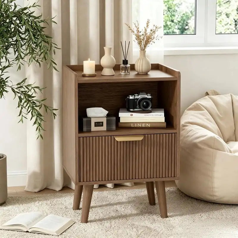 Mid-Century Modern Nightstand with Fluted Drawer Bedside Table Walnut Brown