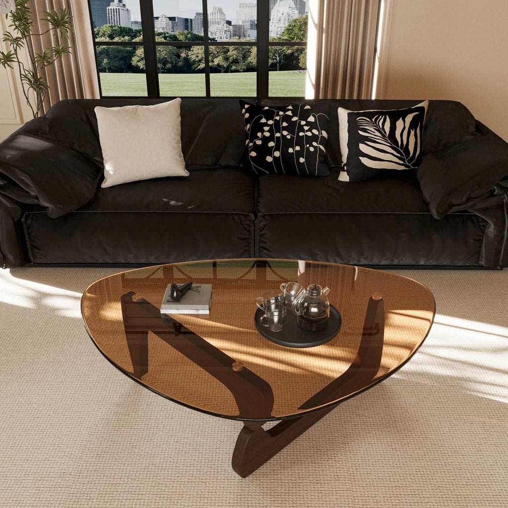 111cm Modern Amber Glass Triangular Coffee Table with Wooden Frame