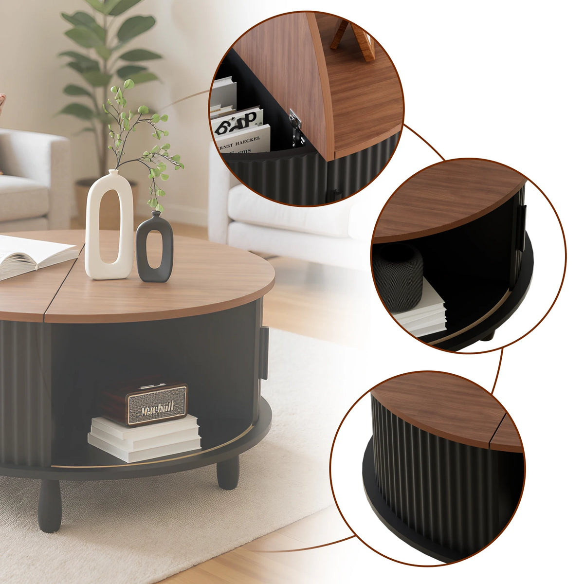 80cm Modern Round Wooden Coffee Table with Curved Sliding Door Storage