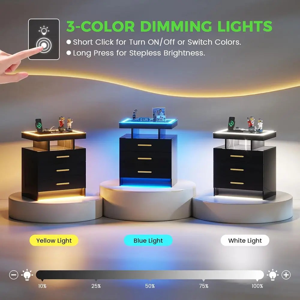 Modern Nightstand Set of 2 with 3 Drawers Charging Station High Gloss