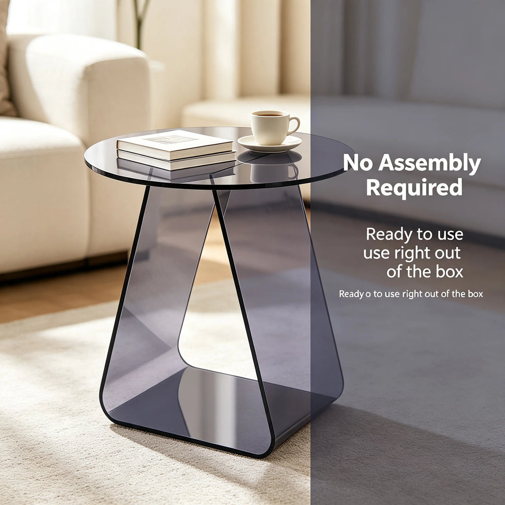 Black Acrylic Round Side Table with Triangular Support Frame for Living Room