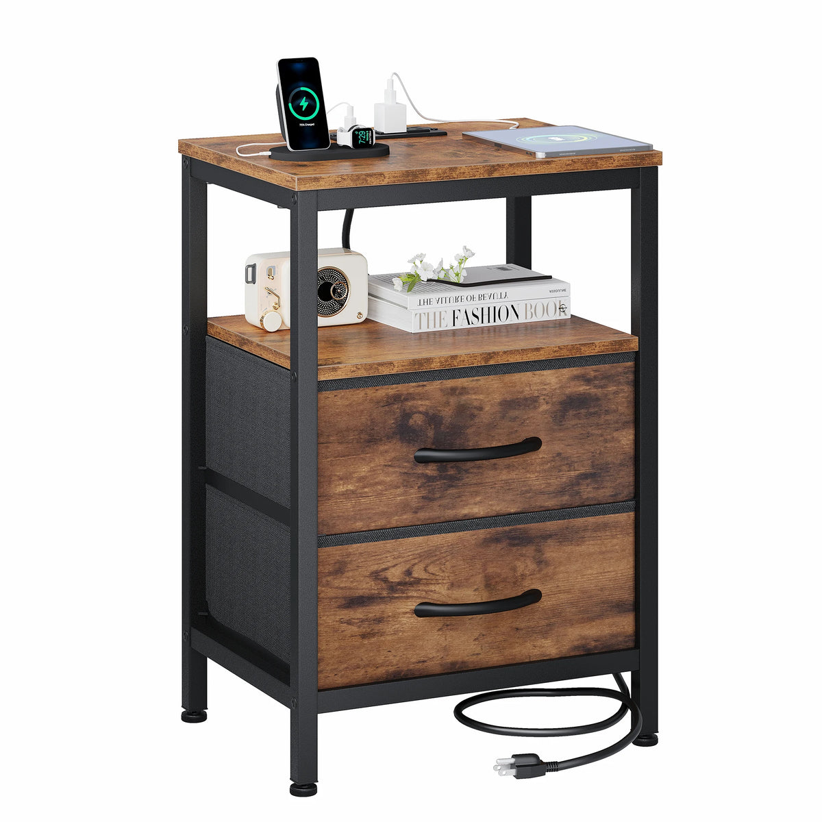Nightstand with Charging Station and 2 Fabric Drawers 40 cm Wide