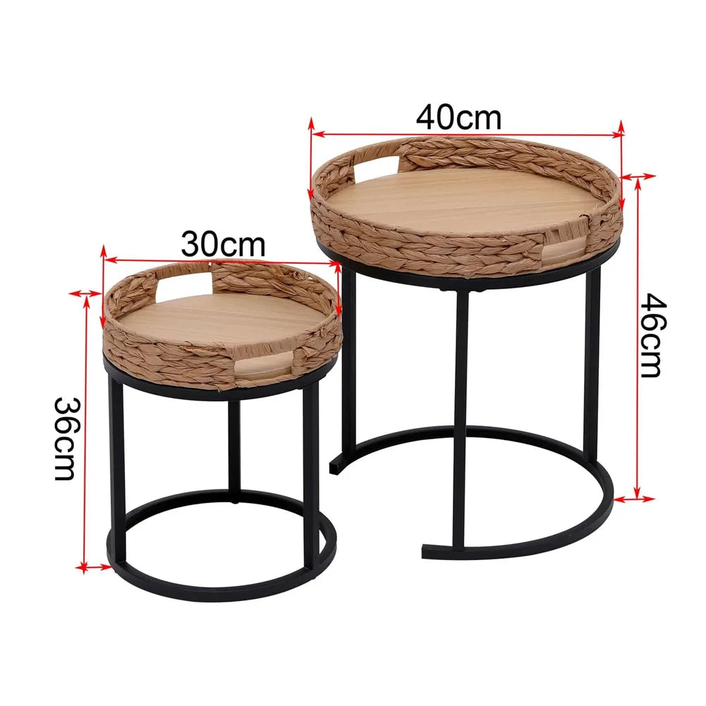 2-Piece Hand-Woven Rattan Nesting Tables Round Side Tables 40x46 cm