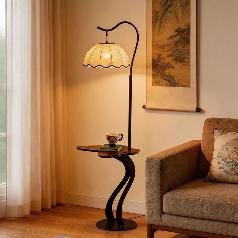 Mid Century Fabric Shade LED Shelf Floor Lamp Living Room