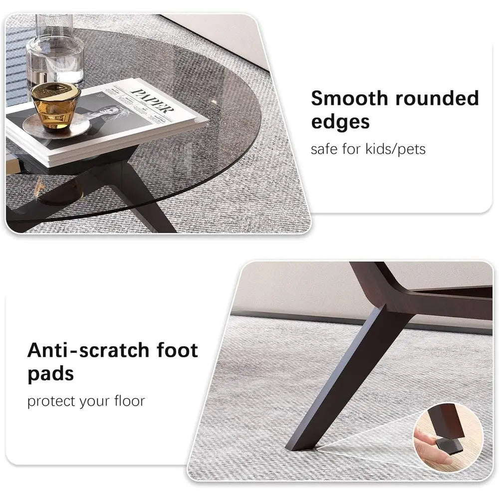 80cm Modern Round Clear Tempered Glass Coffee Table Walnut Wood Base