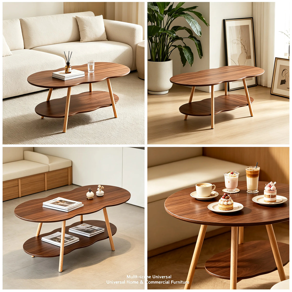 2-Tier Modern Coffee Table with Cloud-Shaped Tabletop and Bottom Shelf, 30 kg Capacity, Sturdy Density Board for Living Room Office, Black Walnut