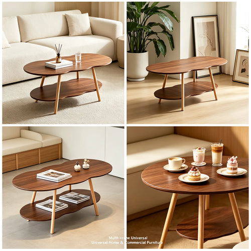 2-Tier Modern Coffee Table with Cloud-Shaped Tabletop and Bottom Shelf, 30 kg Capacity, Sturdy Density Board for Living Room Office, Black Walnut