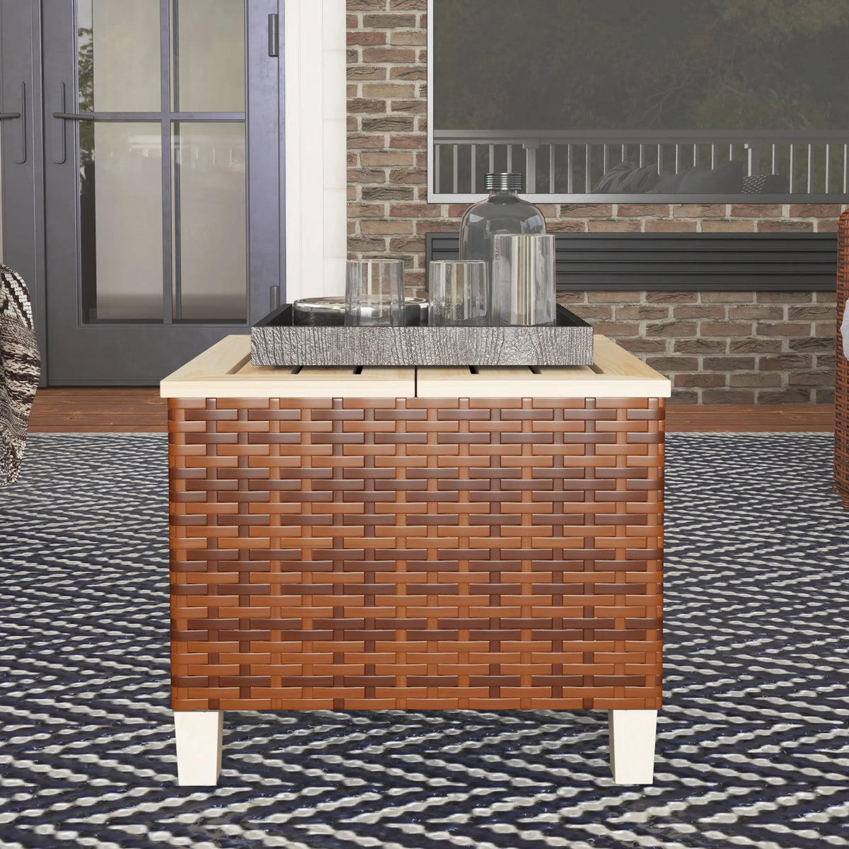 Outdoor PE Rattan Side Table with Wood Top Brown