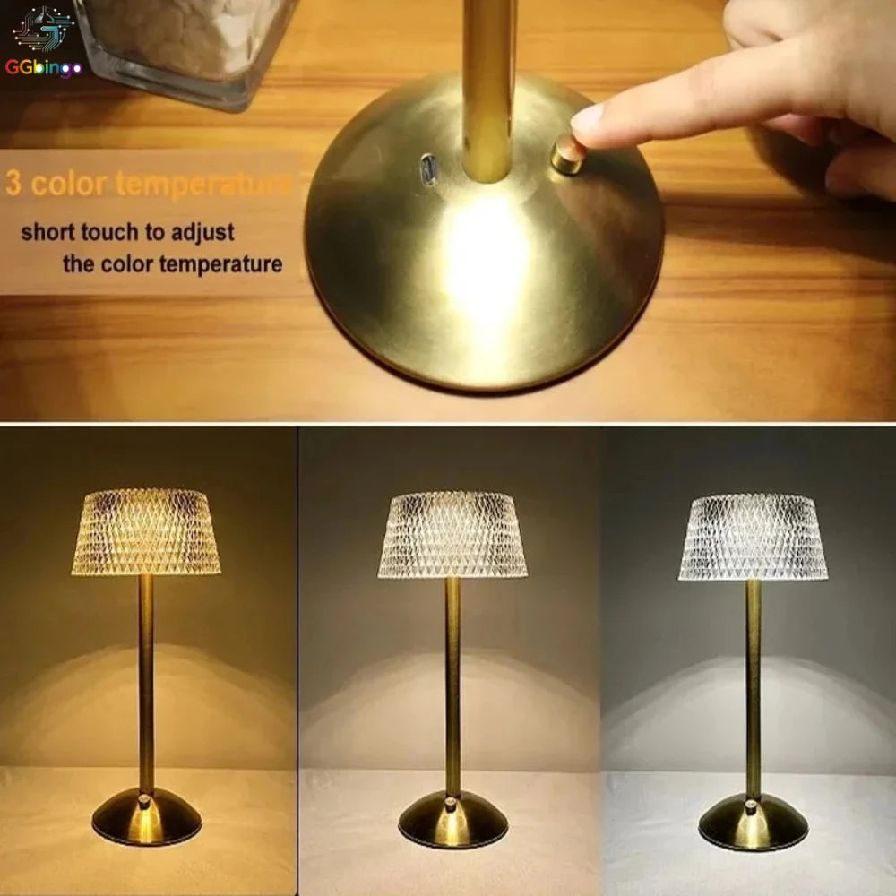 Rechargeable Crystal LED Table Lamp Touch Control Gold Night Light