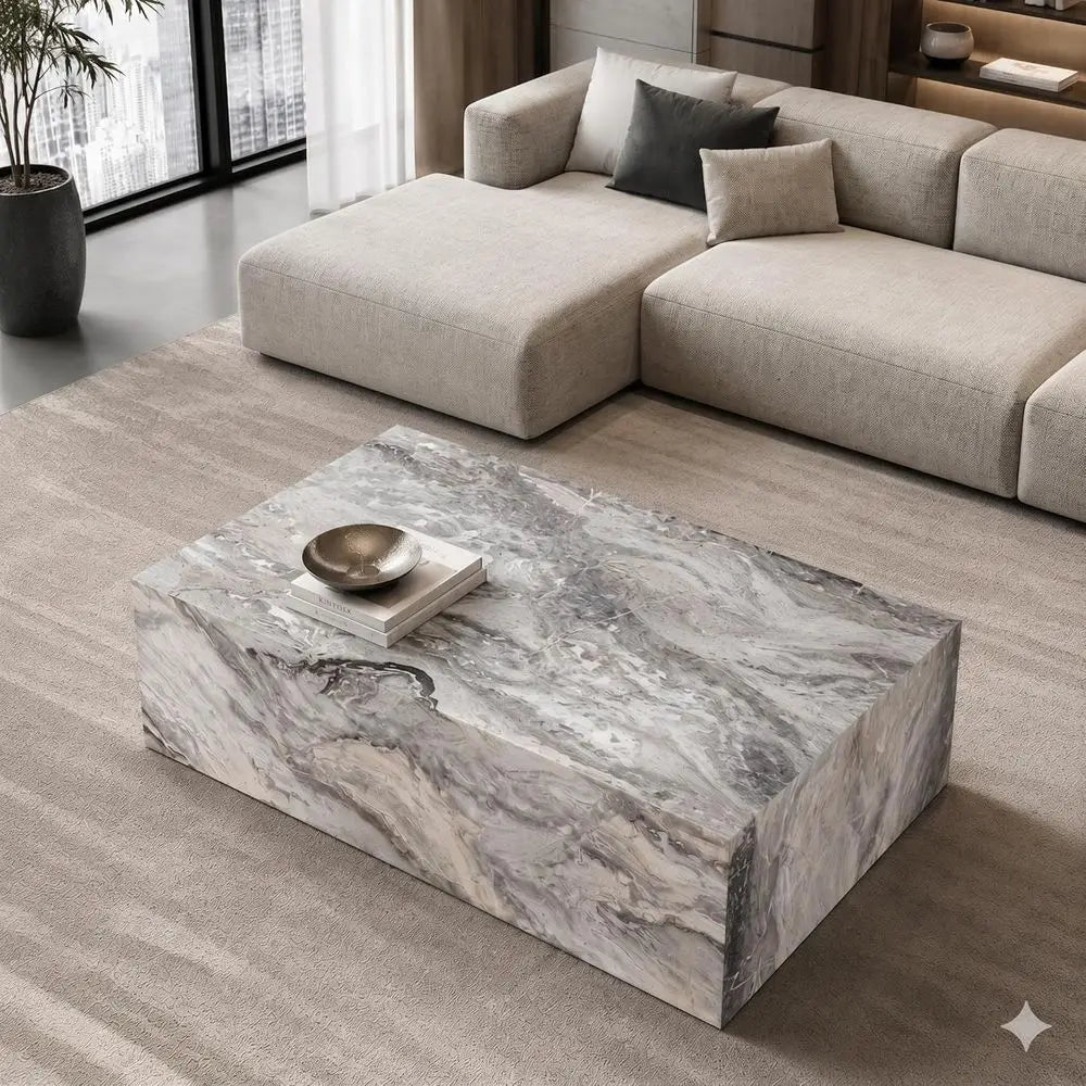 100cm Modern Rectangular Coffee Table Faux Grey Marble Wood Base