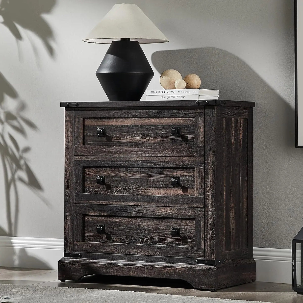 81cm Farmhouse Wooden Nightstand with 3 Drawers Charging Station Bedside Table
