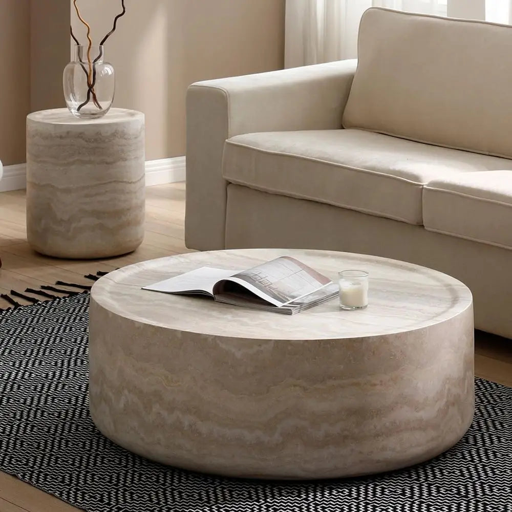 80cm Modern Round Coffee Table Concrete Texture Minimalist Drum Base