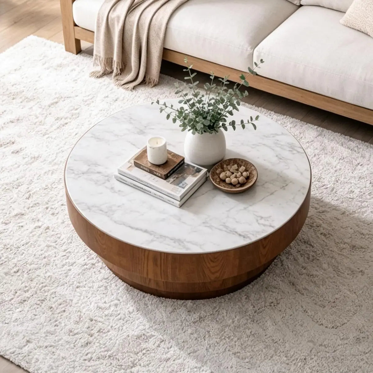 80 cm Modern Round Coffee Table with Sintered Stone Top Wood Veneer Tiered Base Living Room Furniture