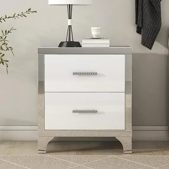 Modern White 2-Drawer High Gloss Nightstand with Metal Legs