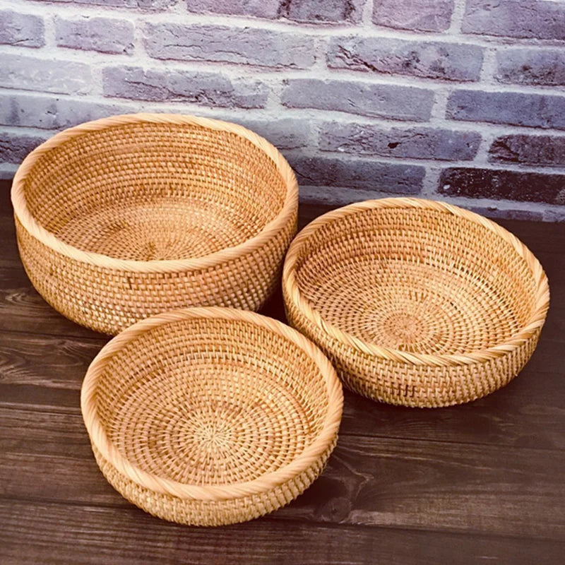 Round Hand-Woven Rattan Storage Basket Natural Wicker Desktop Organizer Box