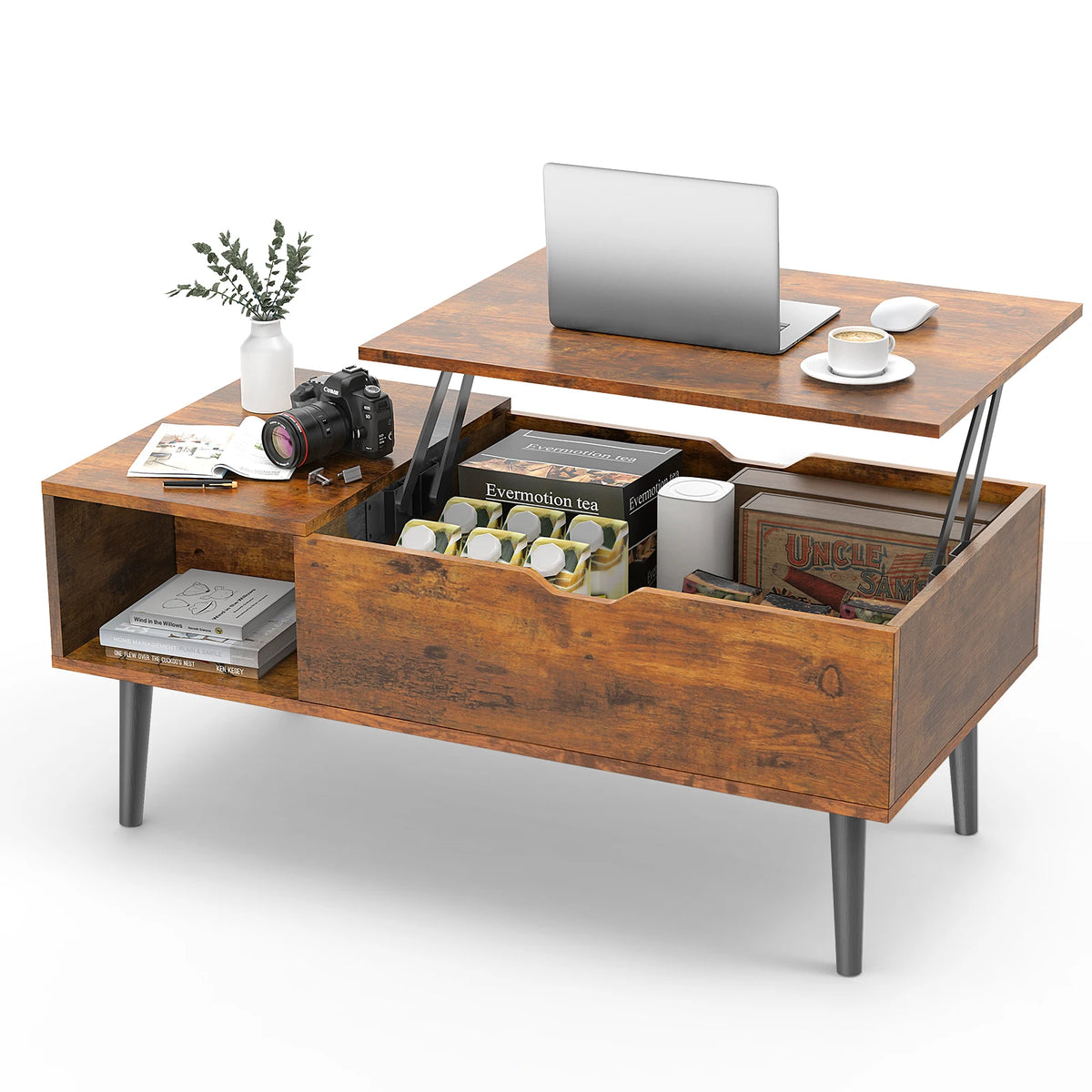 100 x 50 cm Wood Lift Top Coffee Table with Adjustable Storage Shelf