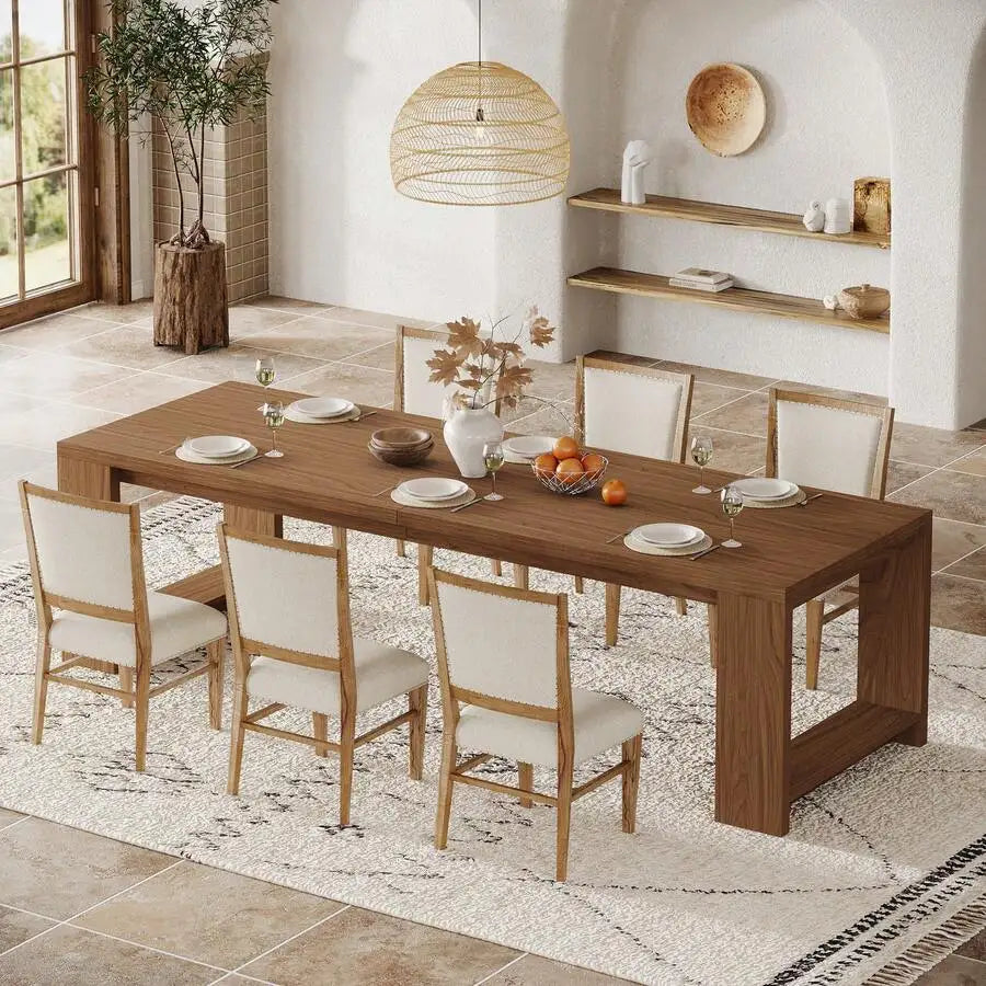 220cm Farmhouse Rectangular Dining Table with Wooden Pedestal Base