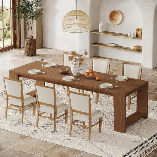 220cm Farmhouse Rectangular Dining Table with Wooden Pedestal Base