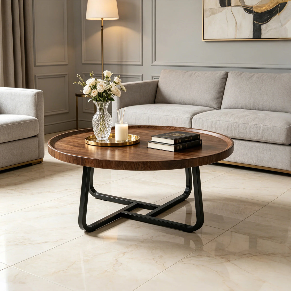 50 cm Minimalist Round Side Table Small Coffee Tea End Table with Metal Frame for Living Room Bedroom Decor