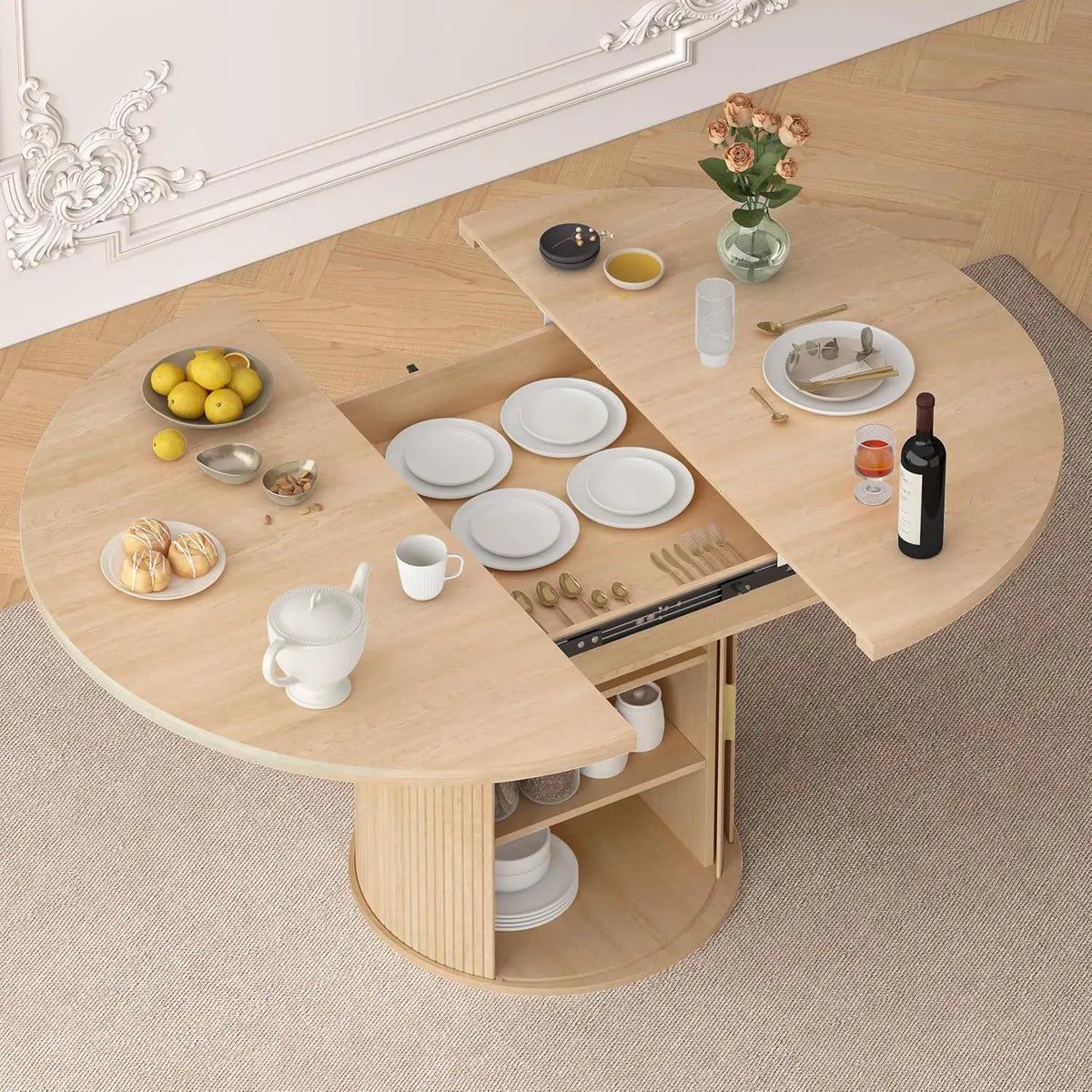 Modern Extendable Round Dining Table with Storage Cabinet