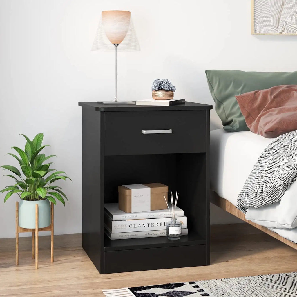 60cm Modern 1-Drawer Nightstand Wooden Bedside Table with Storage Shelf Black
