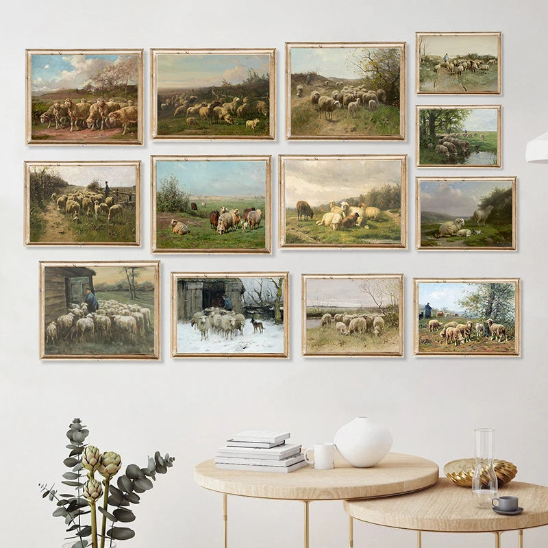 Vintage Sheep Landscape Canvas Painting Poster for Home Decor