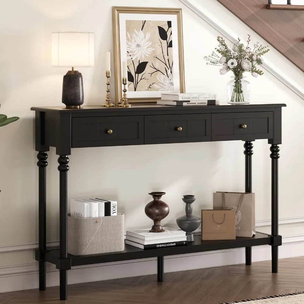 43-Inch Narrow Console Table with Drawers and Shelf Solid Wood Legs Entryway Behind Couch Furniture