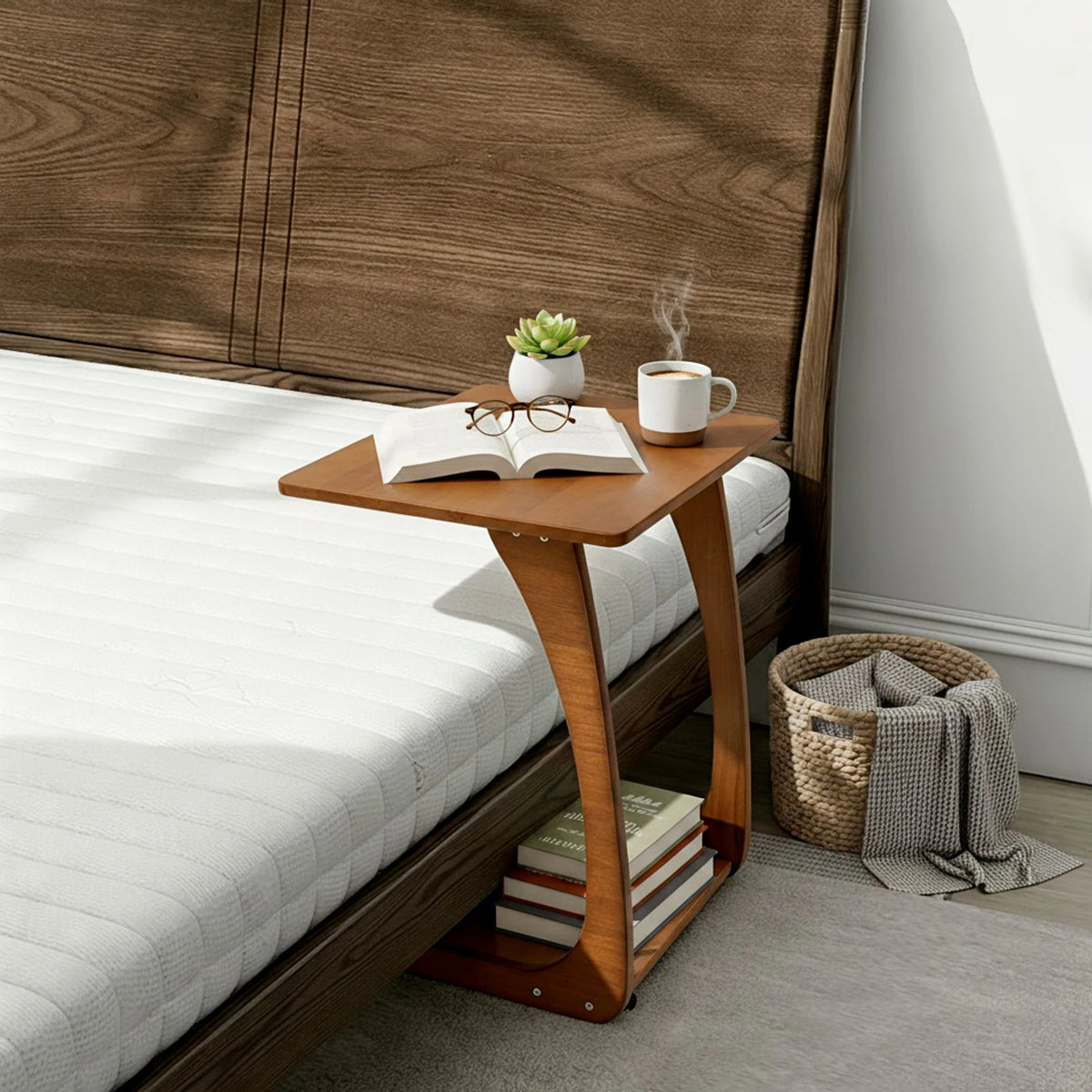 C-Shaped Rubber Wood End Table with Storage 40x46x63 cm Walnut