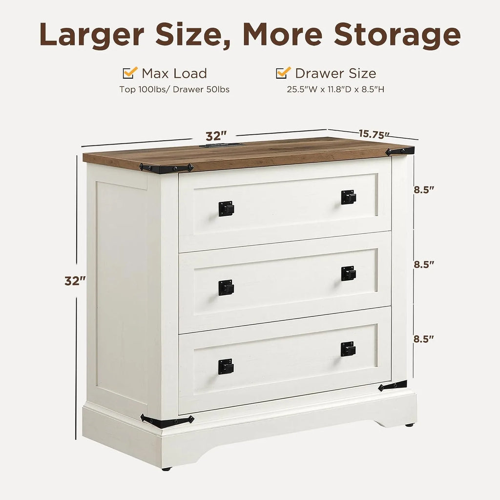 81cm Farmhouse Wooden Nightstand with 3 Drawers Charging Station Bedside Table