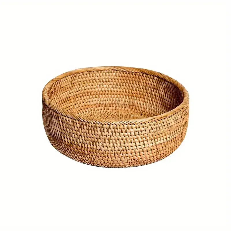 Round Hand-Woven Rattan Storage Basket Natural Wicker Desktop Organizer Box
