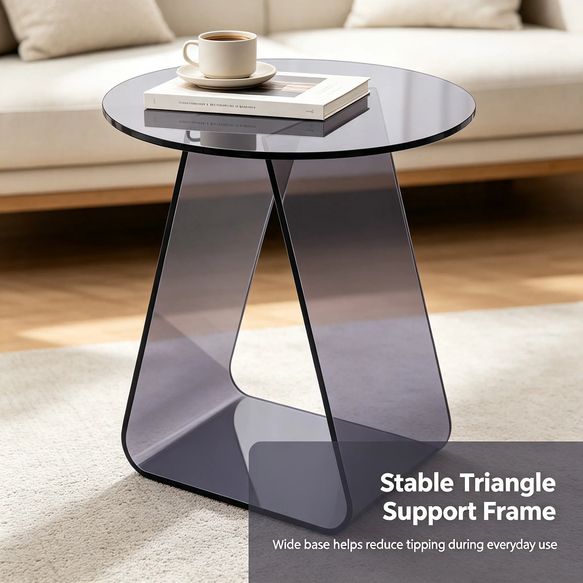 Black Acrylic Round Side Table with Triangular Support Frame for Living Room