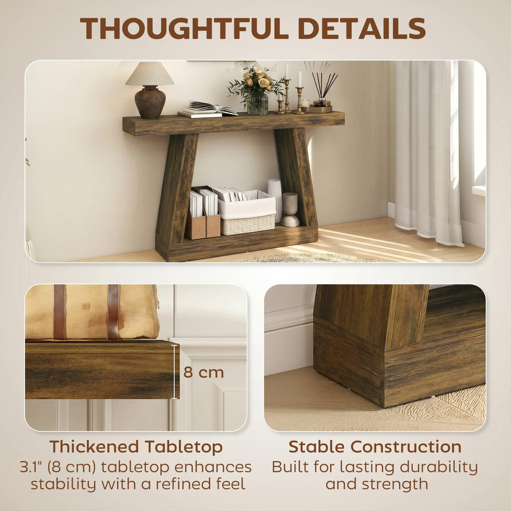 55.1" Narrow Entryway Table 2-Tier Console Table with Thickened Tabletop Storage Shelf Trapezoidal Base Rustic Brown