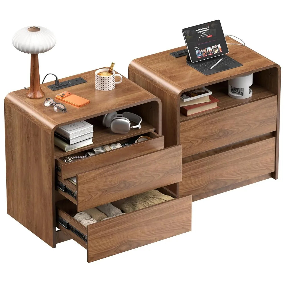 60.5cm Modern Nightstand Set of 2 Wood Bedside Tables Hidden Drawers Walnut