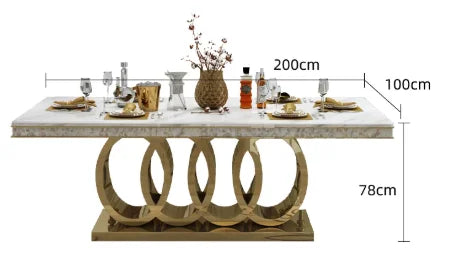 160cm Modern Dining Table Set with 6 Chairs Gold Metal Base Marble Top